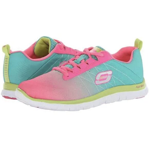 SKECHERS Flex Appeal Memory Foam Cosmic Pink Green Athletic Sneakers Shoes US 5 - Picture 1 of 13